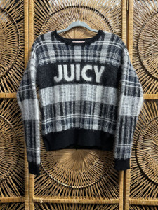 Y2K Juicy Couture Grey Plaid Wool Blend Knit Sweater Size Small
