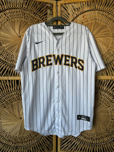 Nike MLB Milwaukee Brewers Christian Yelich #22 Pinstripe Baseball Jersey White Size Medium