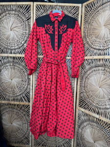 Vintage 50s Tem Tex Western Red Belted Long Sleeve Dress Size 11/12