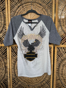 Y2K HD Harley Davidson Bedazzled Rhinestone White Gray Women's T-Shirt Size Medium