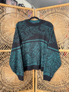 Vintage 90s Edison Black & Teal Patterned Knit Sweater Size XL X-Large