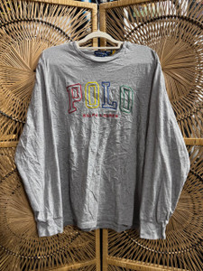Y2K Polo Ralph Lauren "Polo" Multicolored Stitched Grey Long Sleeve TShirt Size Medium