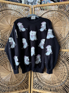 Vtg 90s Spumoni Kittens in Boots AOP Black Crewneck Sweatshirt Size XL