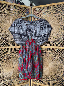 Y2K Angie Multi-patterend Deep V-Neck Tunic Women's Top Size Medium