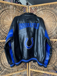 Y2K NFL Indianapolis Colts Black & Blue Faux Leather Bomber Jacket Size XL