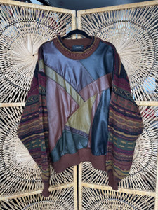 Vintage Saxony Earth Tone Leather Patchwork Textured Knit Sweater Size X-Large XL