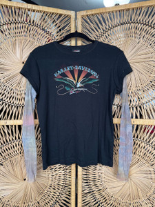 Y2K 2006 HD Harley Davidson Mesh Sleeve Indianapolis, IN Baby Tee Black Women's Size Large