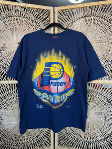 Vintage Indiana Pacers Magic Johnson Tees Glowing Basketball Navy Blue Graphic T-Shirt Size Large
