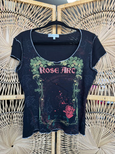 Vtg 90s Y2K Dress Barn Rose Art Exposed Seam Black Top Size Large