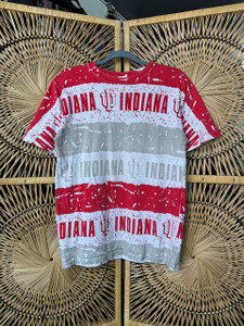 Vintage Jostens Indiana University Hoosiers Basketball Red/Grey Graphic Stripe White T-Shirt Size Medium