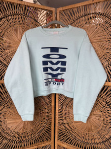 90s Bootleg Tommy Hilfiger Mint Green Spellout Women's Cropped Crewneck Sweatshirt Size Large