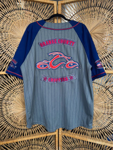 Y2K Orange County Choppers OCC New York Pinstripe Navy Blue & Grey Baseball Jersey Size XL X-Large