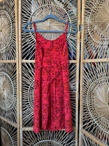Vintage 90s Tickets Spaghetti Strap Red Abstract Floral Striped Mini Dress Women's Size Small