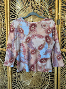 Vtg Y2K Classic Designs Paisley Blue & Tan Mesh T-Shirt Women's Size XL X-Large