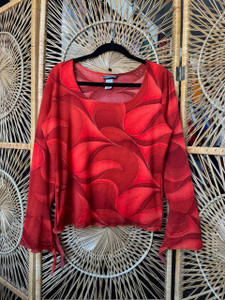 Vtg 90s Y2K Fashion Bug Red Abstract Design Mesh Long Sleeve T-Shirt Women's Size Large