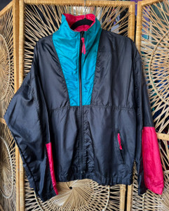 Vintage Surf Gear Colorblock Black Full Zip Windbreaker Jacket Size Medium