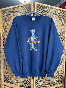 Vtg Disney Tigger Grayscale Graphic Navy Blue Crewneck Sweatshirt Size Medium
