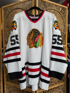 VTG CCM Maska Chicago Blackhawks #55 White NHL Hockey Jersey Size XL