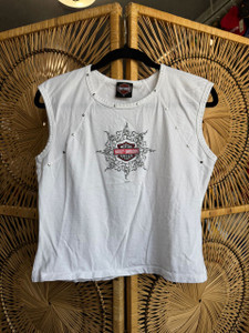 Vtg Y2K 2003 Harley Davidson Columbus, Ohio Studded White Baby Tee Women's Size X-Large XL