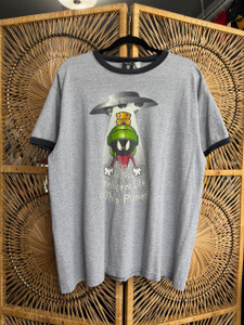 Vintage 90s 1998 Looney Tunes Marvin the Martian Grey Ringer T-Shirt Size Large
