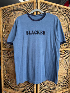 Vintage "Slacker" Flock Print Blue Ringer T-Shirt Size Large