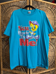 Vintage Y2K 2001 Looney Tunes Tweety "Now, Back To Me!" Aqua Blue T-Shirt Size XL X-Large
