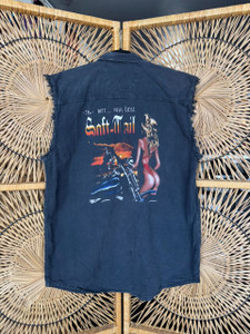 Vintage Biker Design "Soft-Tail"Faded Black Band Collar Sleeveless Button Up Shirt Size Large