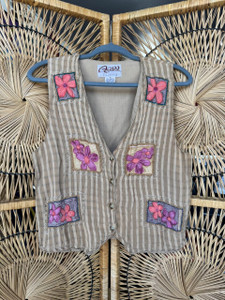 Vintage Agapo Tan Gingham Flower Patchwork Hippie Vest Size Medium