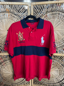 Polo Ralph Lauren RL Big Pony Red Blue Stripe Collared Polo Shirt Custom Fit Size X-Large XL