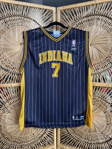 Vintage Reebok NBA Indiana Pacers Jermaine O'Neal #7 Navy Blue Pinstripe Basketball Jersey Size Youth X-Large