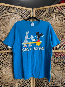 Vintage Bugs Bunny & Mickey Mouse Smoking Aqua Blue T-Shirt Size Large