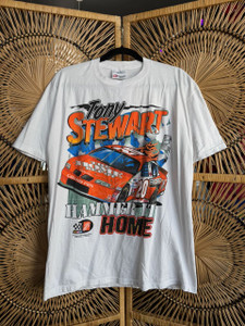 Vintage 90s 1999 NASCAR Tony Stewart "Hammer It Home" Home Depot Double Sided White T-Shirt Size Large
