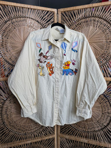 Vintage Disney Winnie the Pooh & Friends Flying Kites Embroidered Pale Yellow Button-Down Size X-Large