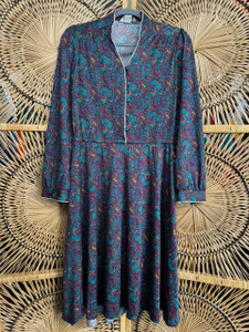 Vintage Sears "The Shirtdress" Teal Paisley Long Sleeve Dress Women's Size 10