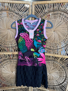 DS Vintage Y2K Le Crystal Peacock Ruffle Sleeveless Dress Women's Size Small