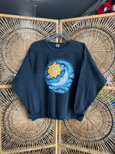 Vintage Y2K North West Blue Sun & Moon 100% Cotton Knit Black Crewneck Sweatshirt Size OSFA