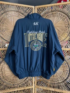 Vintage Logo Athletic University Of Notre Dame ND Fighting Irish Embroidered Navy Blue Full Zip Windbreaker Size Large