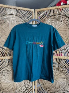 Vintage 90s Y2K MLB Sunburst Sportswear Cincinnati Reds Embroidered Forest Green T-Shirt Size Medium
