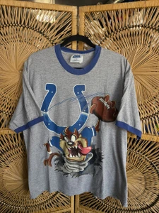 Vtg 1996 Indianapolis Colts NFL Taz Tasmanian Devil Gray Ringer T-Shirt Size XL