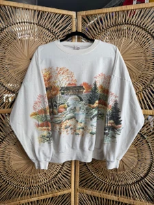 Vintage 90s Lifestyles Autumn Fall Scenic White Crewneck Sweatshirt Size OSFA