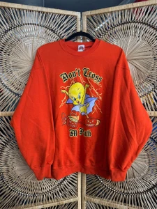 Vintage Halloween Looney Tunes Tweety "Don't Cross My Path!" Orange Crewneck Sweatshirt Size XL X-Large