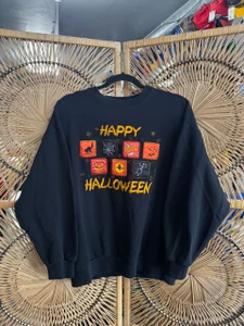 Vintage Basic Editions Happy Halloween Embroidered Black Crewneck Sweatshirt Size Large