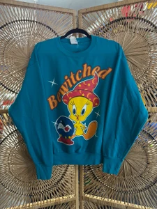 Vintage Halloween Looney Tunes Tweety "Bewitched" Teal Crewneck Sweatshirt Size Large