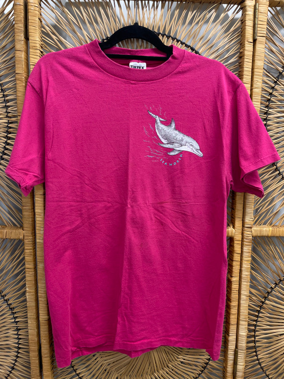Vintage 90s Sea World Dolphins Pink Double Sided Graphic T-Shirt Size Medium