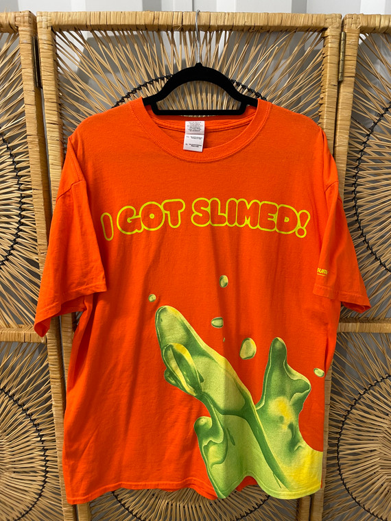 Y2K 2005 Nickelodeon Resorts I Got Slimed All Over Print Orange T-Shirt Size XL