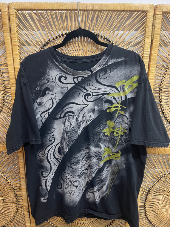 Y2K Japanese Tiger & Dragon Big Print Black Graphic T-Shirt Size 2XL