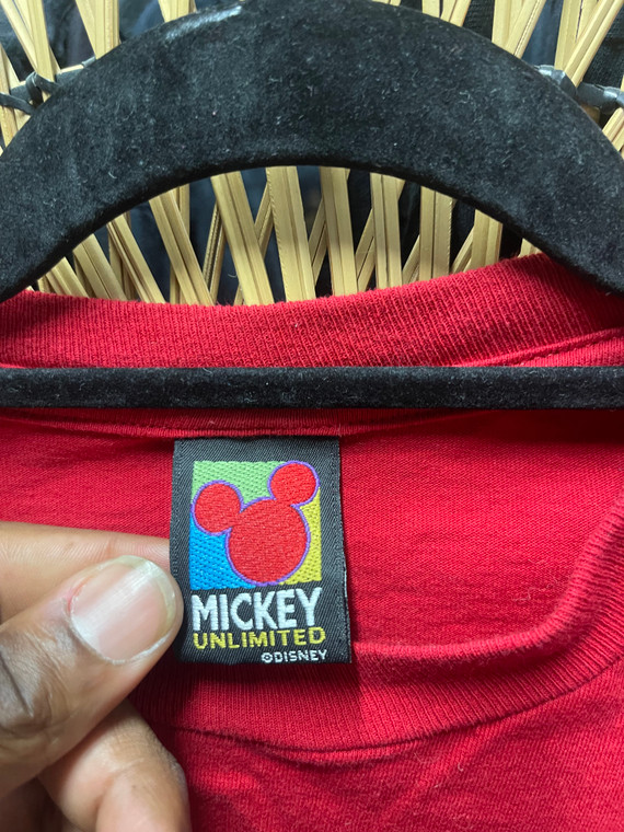 Vintage 90s Disney Mickey Mouse Red Rainbow Embroidered T-Shirt Size XL