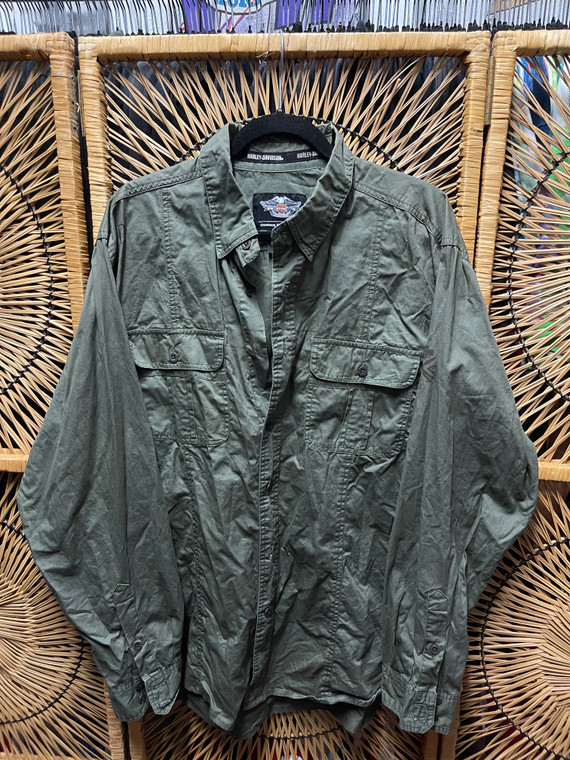Y2K Harley Davidson Motorcycles Long sleeve Olive Green Button Down Size XL
