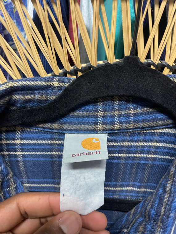 Vtg Carhartt Blanket Flannel Blue Long Sleeve Button Down Shirt Size XL