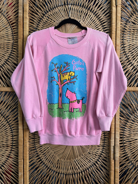 Vtg Gato & Perro Cat & Dog Pink Crewneck Sweatshirt Size Medium